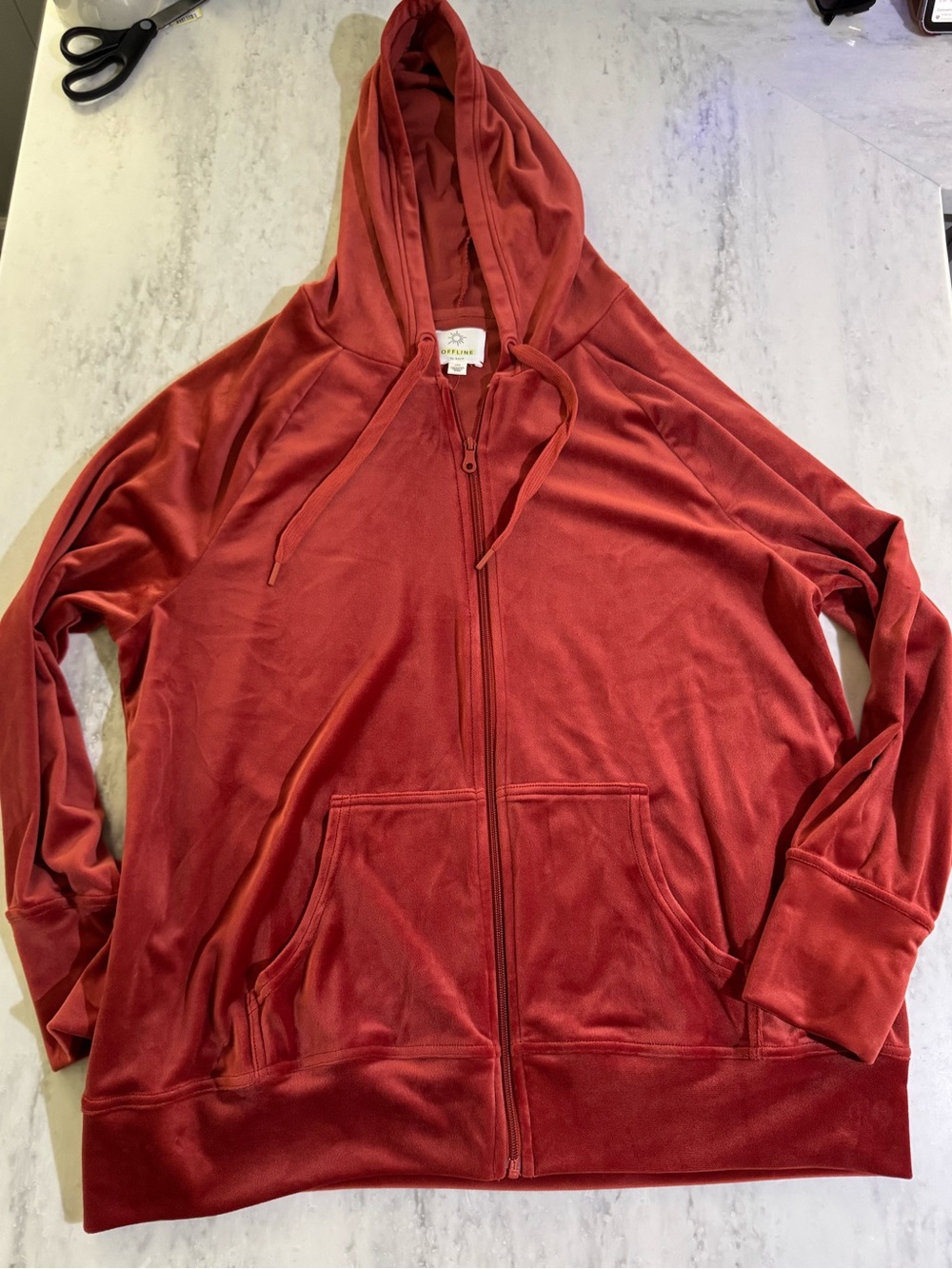 NEW Aerie Velour Velvet Zip-Up Comfy Cozy Everyday Hoodie in Fall Auburn L